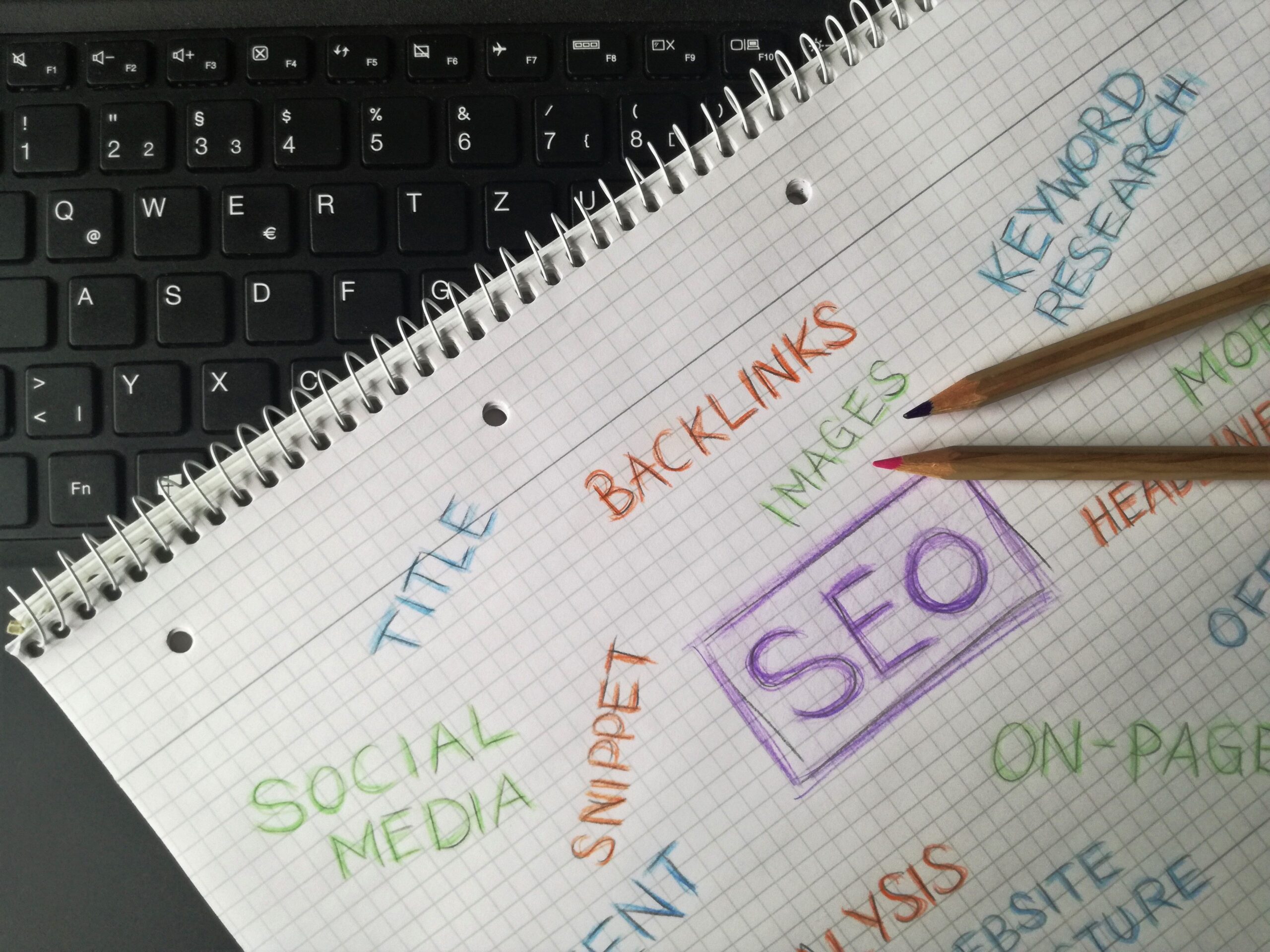 Notebook with SEO keywords and content strategy notes for Arusha businesses